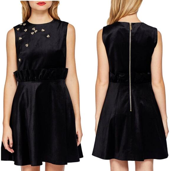 Ted Baker Women's Celeena Black Velvet Bee Short Sleeve Embellished Dress NEW